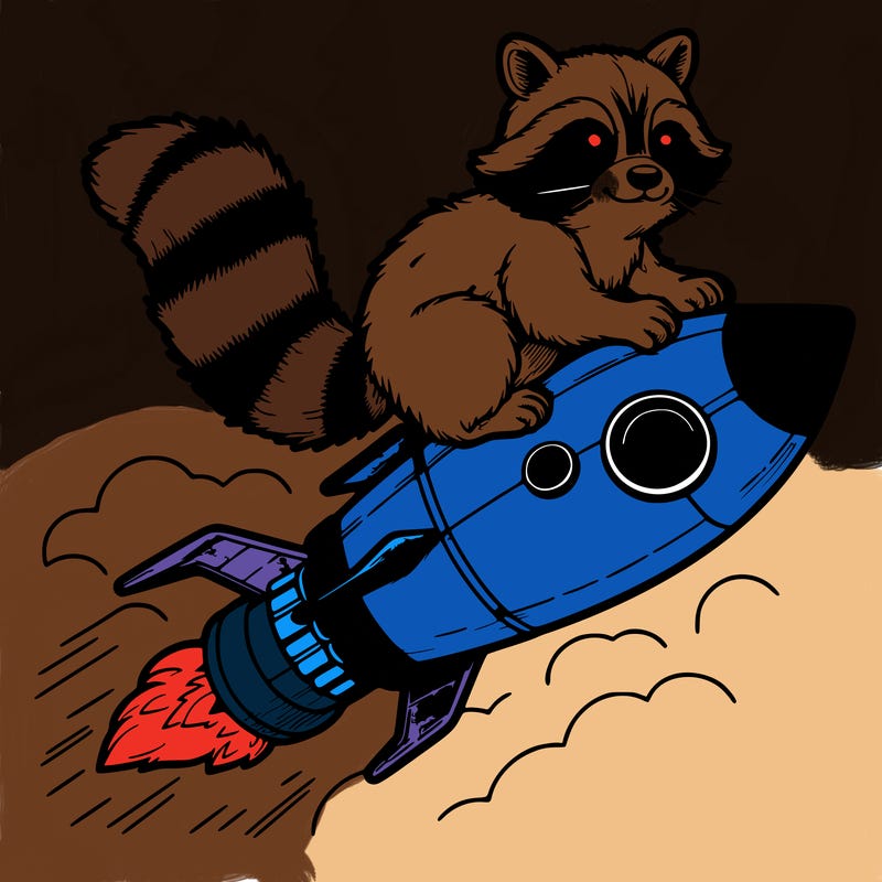 realistic raccoon flying on top rocket ship