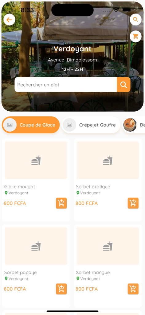 Interfaccia dell'app Bonbiz Food che mostra un menu di ristorante per gelati e sorbetti in Burkina Faso.