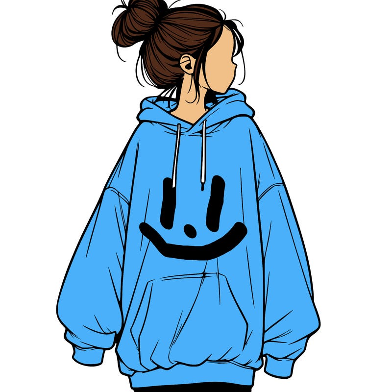 realistic girl with a oversized sweatshirt on and a bun