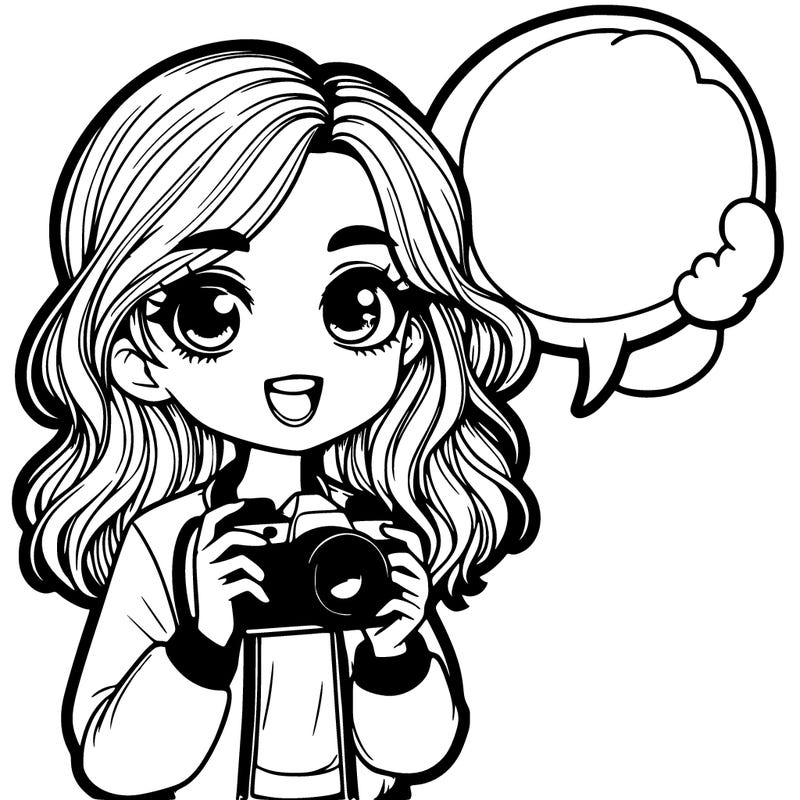 girl holding camera with a speech bubble realistic