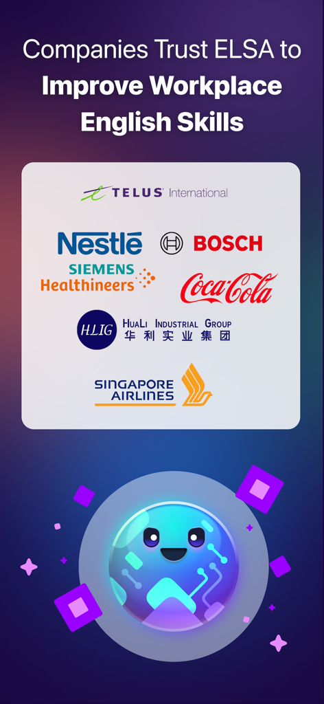 A list of global companies including Nestle, Coca Cola, and Siemens that trust ELSA Speak for workplace English training.