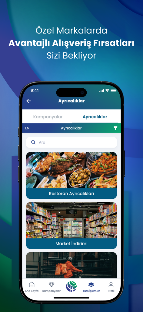 Hayat Finans - Mobile screen of the Hayat Finans app showing special shopping privileges and discounts for restaurants and grocery stores