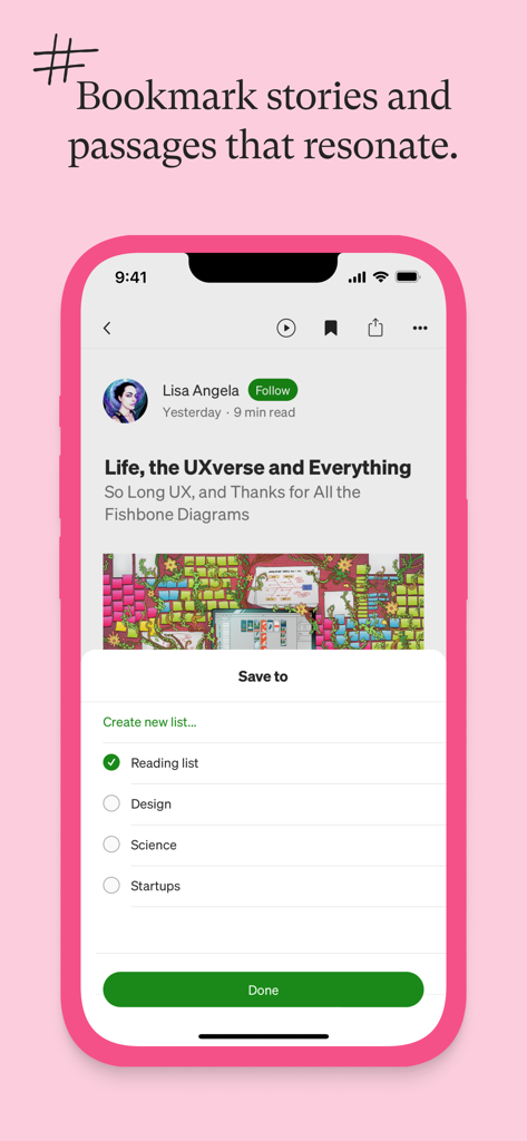 Medium: Read & Write Stories - ユーザーがストーリーをパーソナライズされた読書リストに保存するMediumアプリインターフェイス。