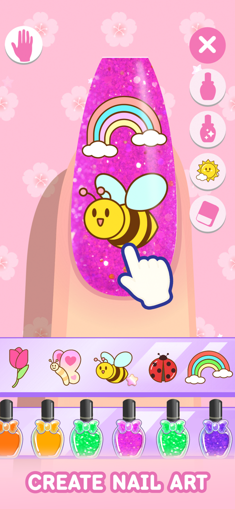 Nail Games: Salon for Girls - Designing a glittery pink nail with rainbow and bee stickers in a creative salon game for girls