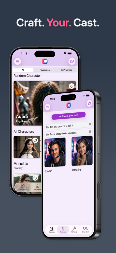 Screenshots of Persona Chat AI Roleplay app showing character lists and persona creation tool