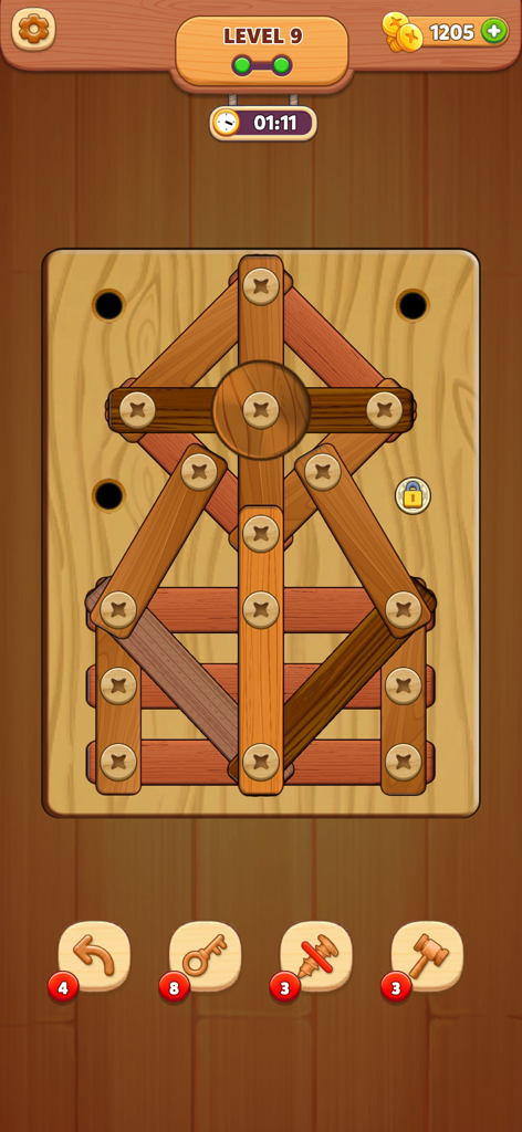 Écran de gameplay de Woodout montrant un puzzle en bois avec écrous et boulons