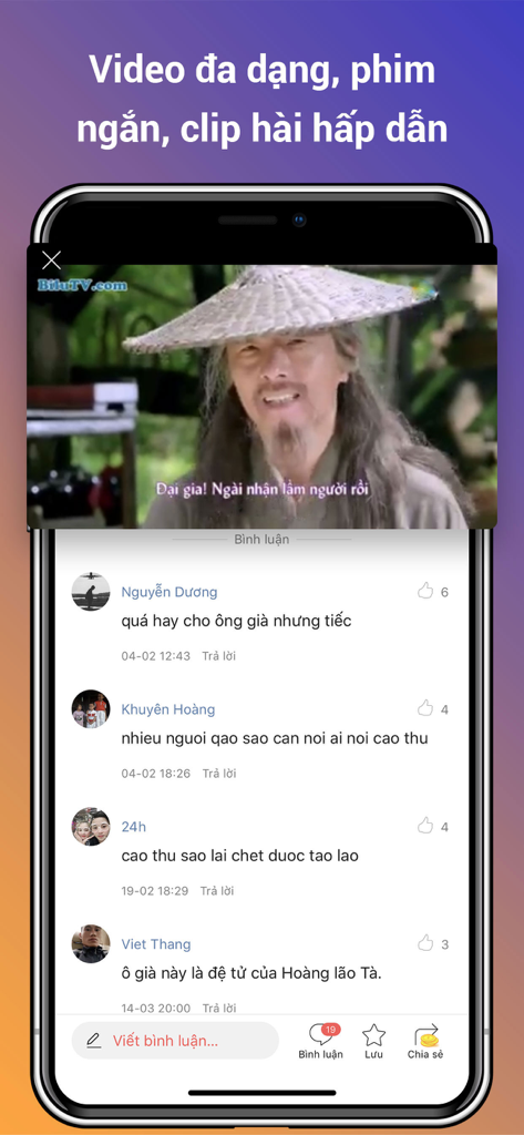 사용자 댓글 섹션이 있는 비디오 플레이어를 보여주는 VN Ngay Nay 앱 인터페이스