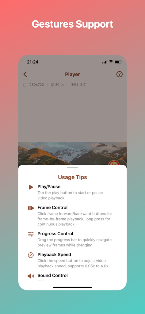 Screenshot of Framo app showing usage tips for frame control playback speed and progress navigation