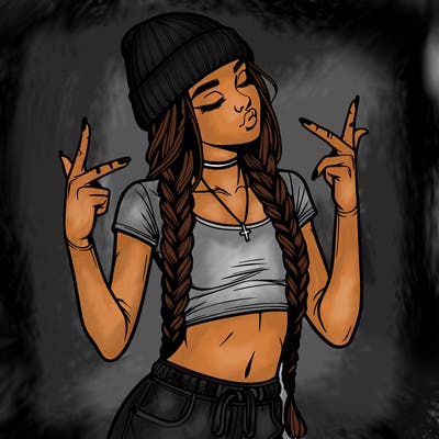 realistic teenage girl with braids and a beanie and crop top doing 🫶🏼