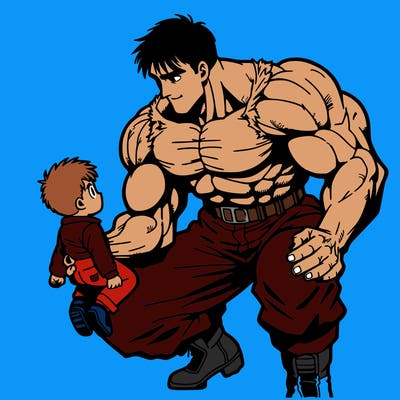 a muscular anime character picks up a child