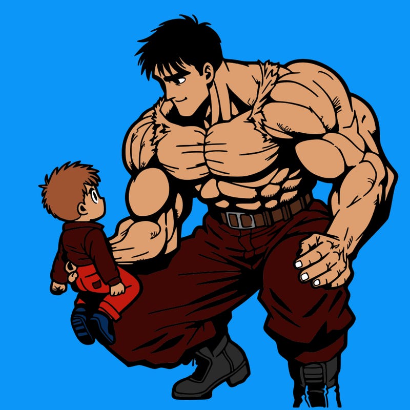 a muscular anime character picks up a child