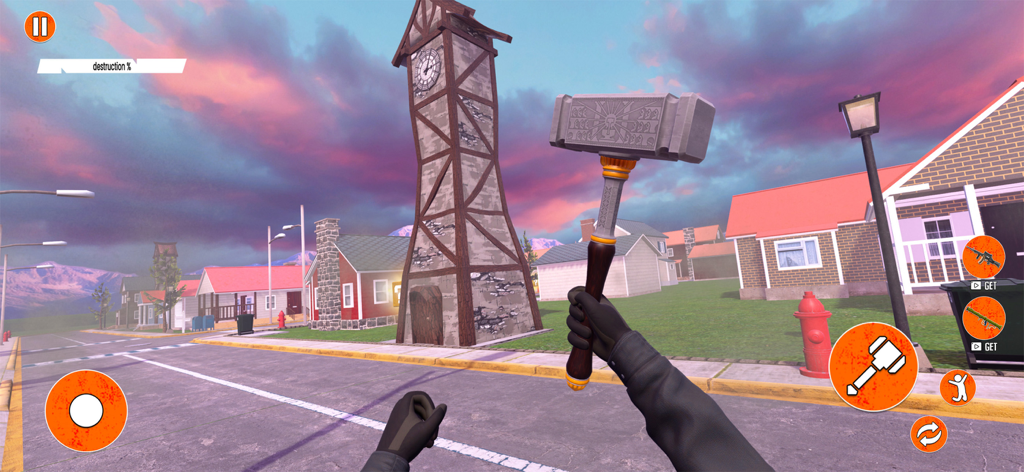 First person perspective holding a decorative sledgehammer in a suburban destruction simulation game