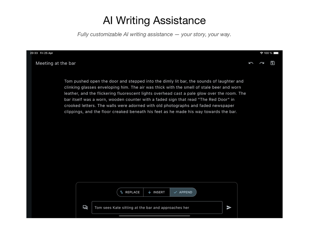 neverlabs AI Writer - La interfaz de la aplicación neverlabs AI Writer mostrando opciones de asistencia de escritura de IA en un editor de documentos en modo oscuro.