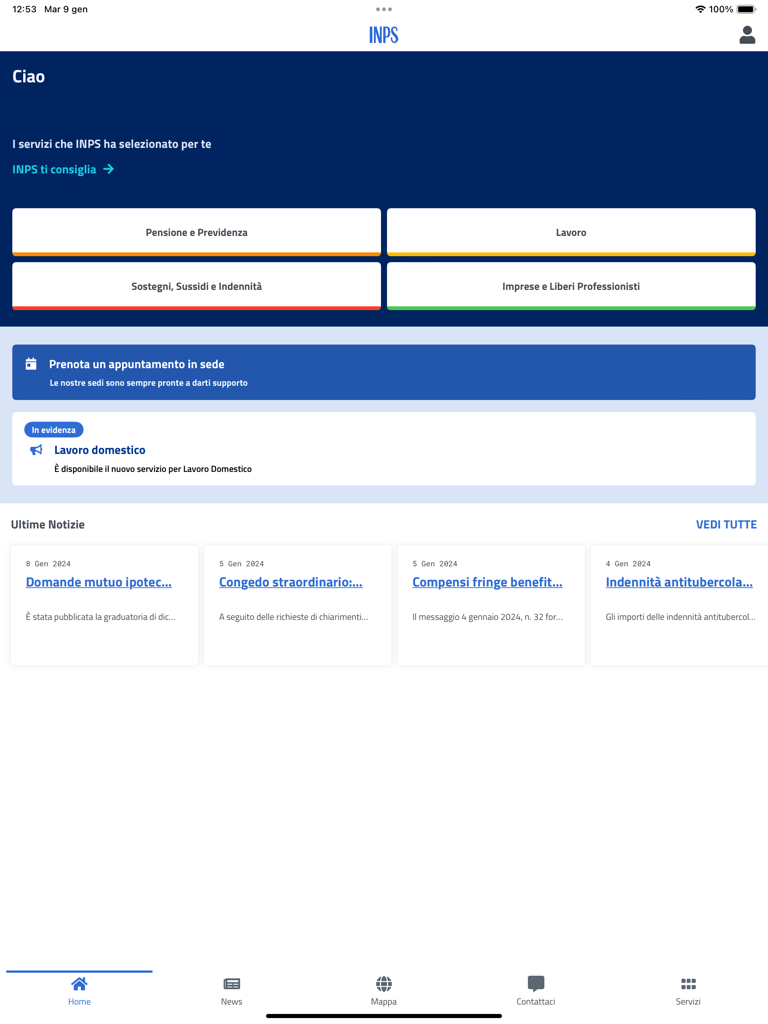 INPS mobile per Tablet - 서비스 범주(연금, 직업, 사회 지원 등)를 보여주는 INPS 모바일 태블릿 앱 홈 화면.