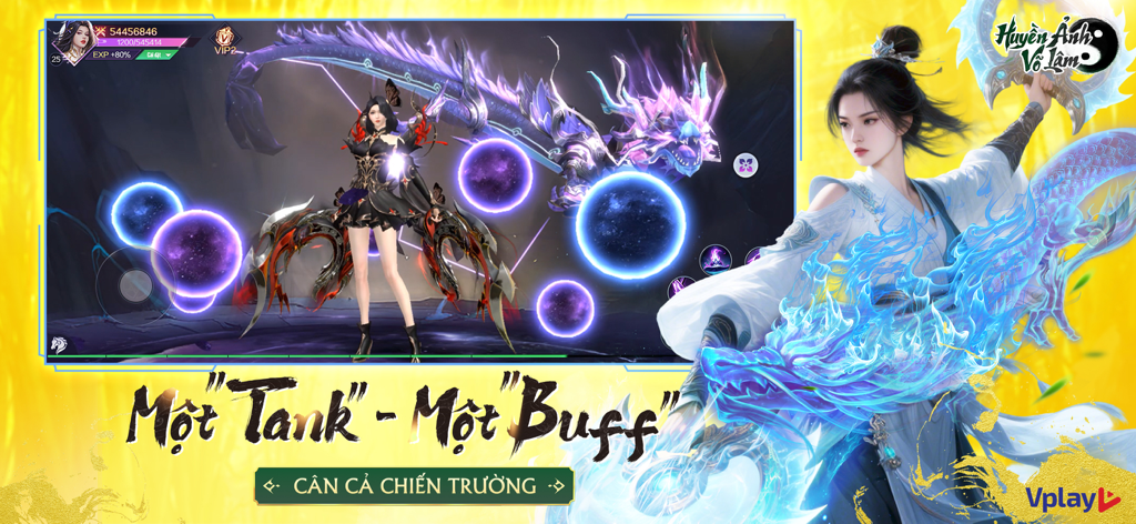 Two female characters in Huyen Anh Vo Lam representing tank and buff roles with a purple dragon background