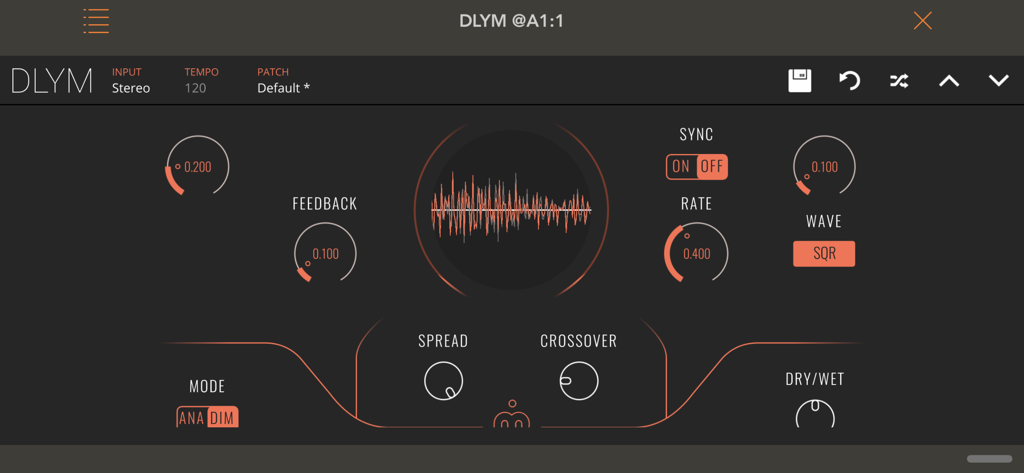DLYM - Chorus & Flanger - User interface of the DLYM audio effect app featuring modulation knobs and a waveform visualization for chorus and flanger effects.