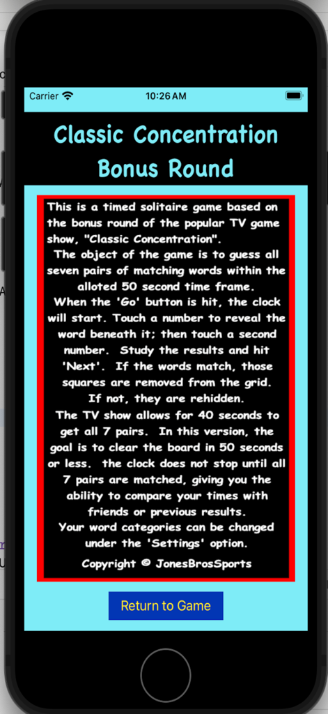 ClassicConcentration - A screen displaying the rules and instructions for the Classic Concentration bonus round