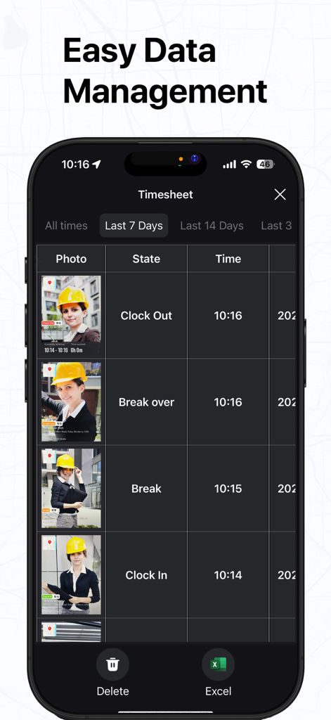 Timestamp: Time stamp Camera - Smartphone screen displaying the timesheet interface of the Timestamp app with logs for clocking in and out and an Excel export option.