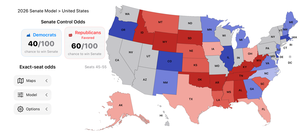 US Election Simulator - Interactive 2026 U.S. Senate model map showing control odds for Democratic and Republican parties in the US Election Simulator app.