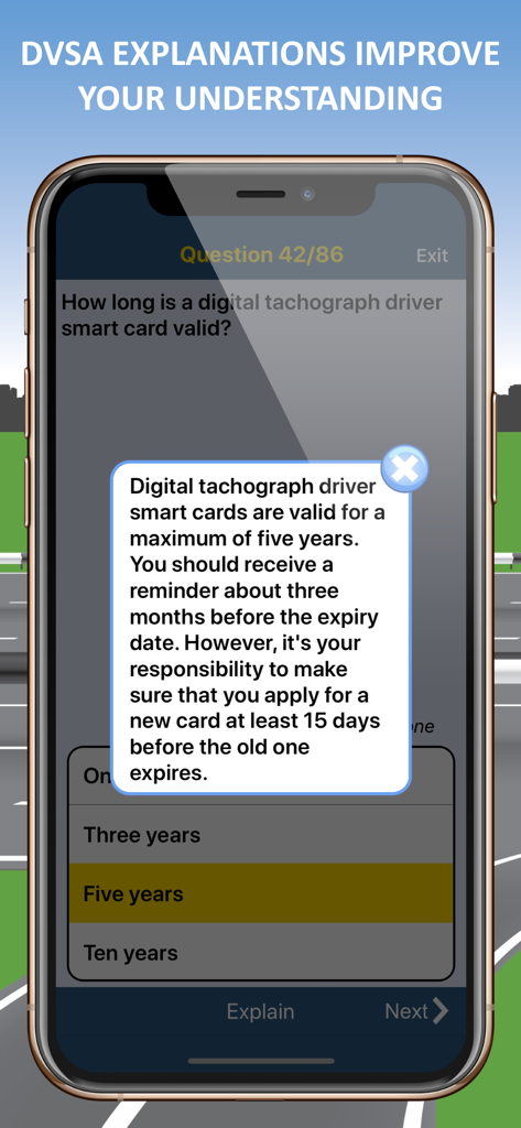 2026 HGV & LGV Theory Test Kit - HGV theory test app interface showing a practice question with a detailed DVSA explanation pop up
