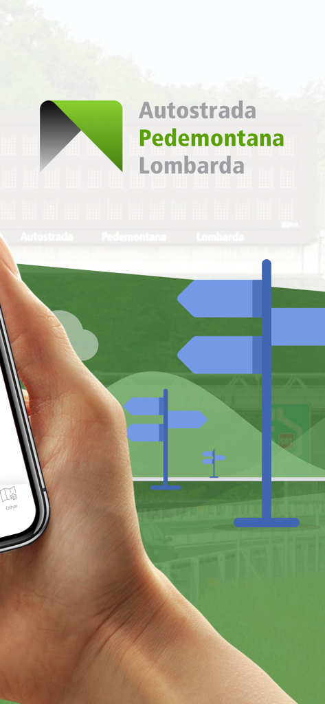 Einführungsbildschirm der Mautzahlungs-App für die Autobahn Pedemontana Lombarda mit stilisierten Straßenschildern und einer Hand, die ein Smartphone hält.