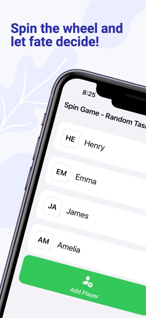 Spin Game - Random Task - Spin Game mobile app screen showing player list and add player button