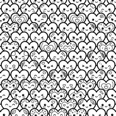 Explore a delightful world of interlocking charm with our Kawaii Heart Tessellations coloring page. This enchanting design features an array of adorable hearts, each with its own unique and cute expression, perfect for a relaxing and joyful coloring session.
