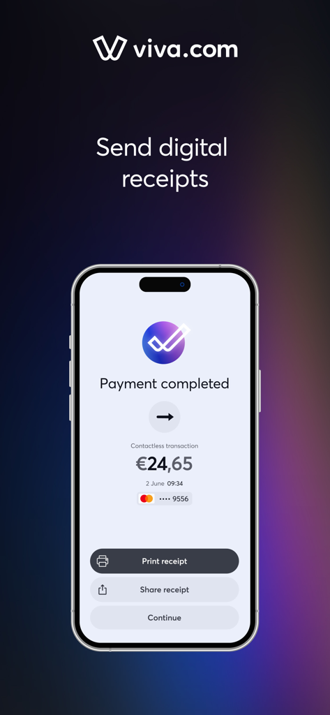 viva.com Terminal - Viva.com Terminal app showing a completed contactless payment with options to print or share a digital receipt.