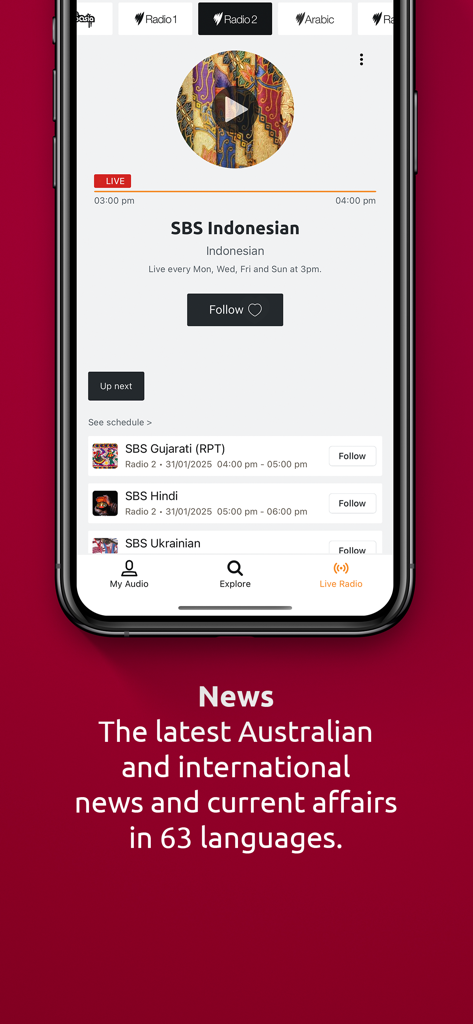 SBS Audio - SBS Audio app interface showing live radio and news in multiple languages