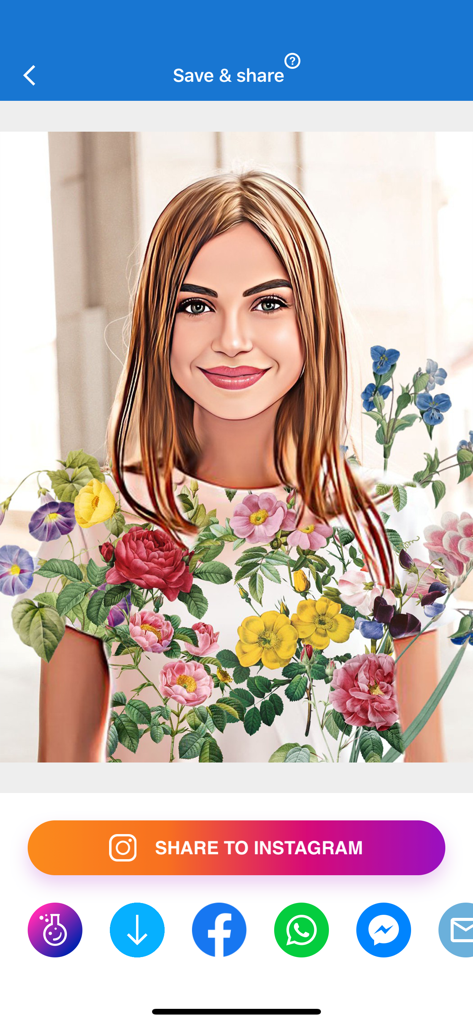 Photo Lab PROHD picture editor - Portrait of a woman with a floral art filter showing sharing options to social media