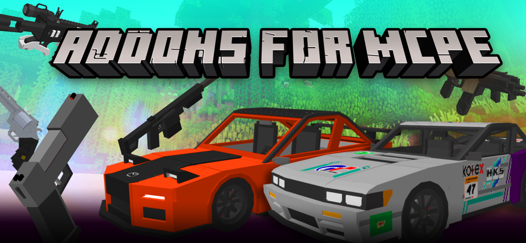 Addons for Minecraft MCPE - Promotional banner for Addons for Minecraft MCPE featuring pixelated cars and weapons