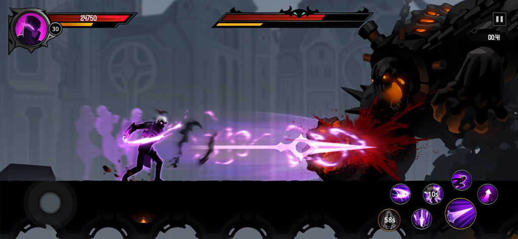 Shadow Knight character attacking a giant dark boss monster with a purple energy spear in a gothic setting