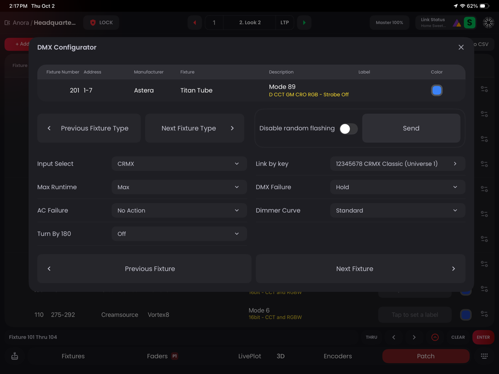 Blackout Lighting Console DMX Configurator interface showing settings for an Astera Titan Tube fixture on an iPad