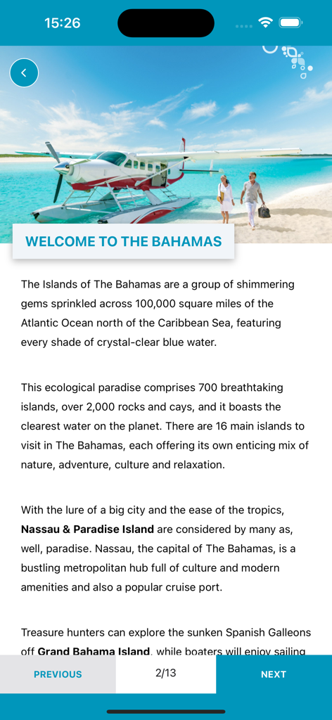Welcome screen for the Bahamas Specialist travel advisor training app featuring a tropical beach and seaplane.