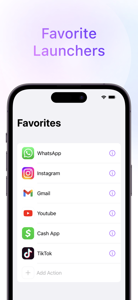 Interface de l'application Lock Launcher montrant une liste de raccourcis d'applications favorites sur un iPhone.