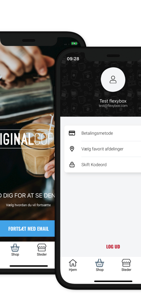 Original Coffee - Interfaz móvil de la aplicación Original Coffee mostrando la configuración del perfil de usuario y la pantalla de inicio de sesión.