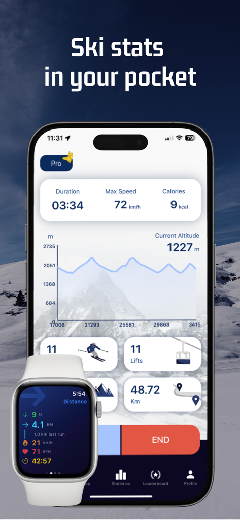 Ski & Snowboard - iSlope - iSlope app on iPhone and Apple Watch displaying ski tracking stats including speed distance and altitude graph