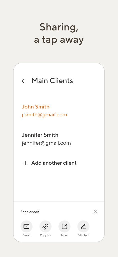 Pic-Time - Tela do aplicativo Pic-Time exibindo uma lista de clientes com opções para compartilhar links de galeria por e-mail ou copiar link