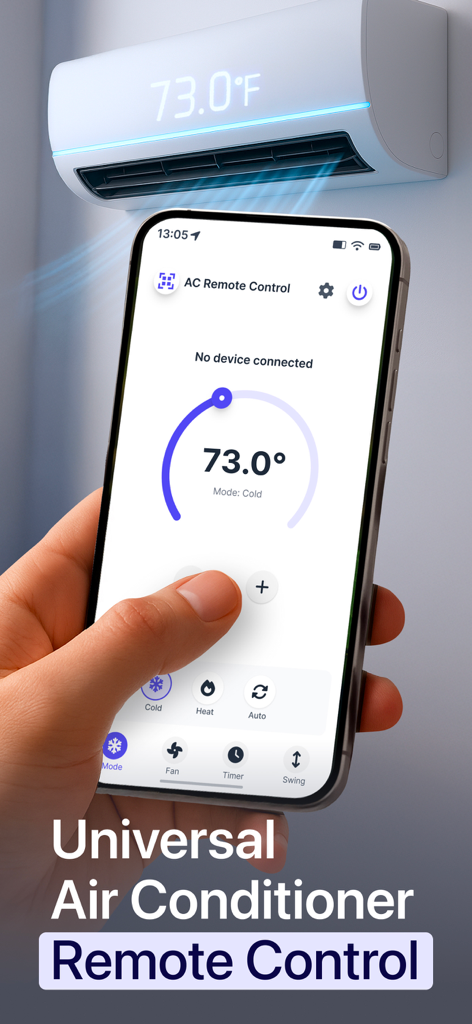 AC Remote: Air Conditioner Pro - Una persona sosteniendo un iPhone usando la aplicación AC Remote para controlar una unidad de aire acondicionado inteligente montada en la pared configurada a 73 grados.