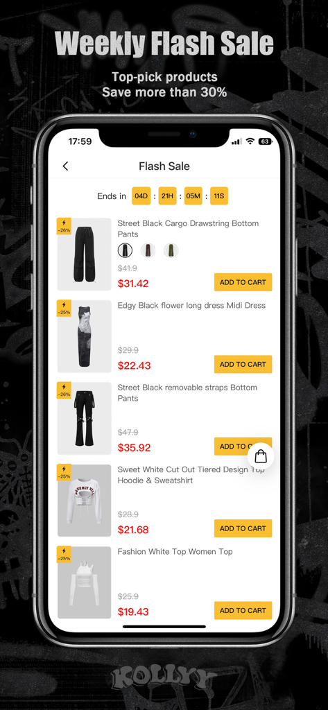 KOLLYY - Clothing & Fashion - Kollyy app weekly flash sale interface showing discounted streetwear and edgy clothing items with a countdown timer