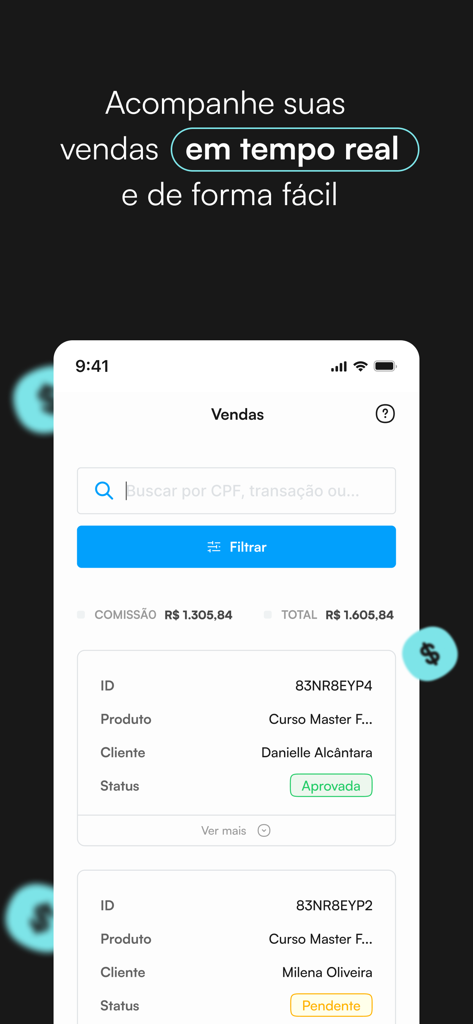Tela do aplicativo móvel Kirvano mostrando um painel de relatório de vendas em tempo real com detalhes de transações e status para empreendedores digitais.