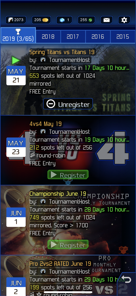 A list of upcoming online tournaments in the UniWar game including registration details for various competitive match types.