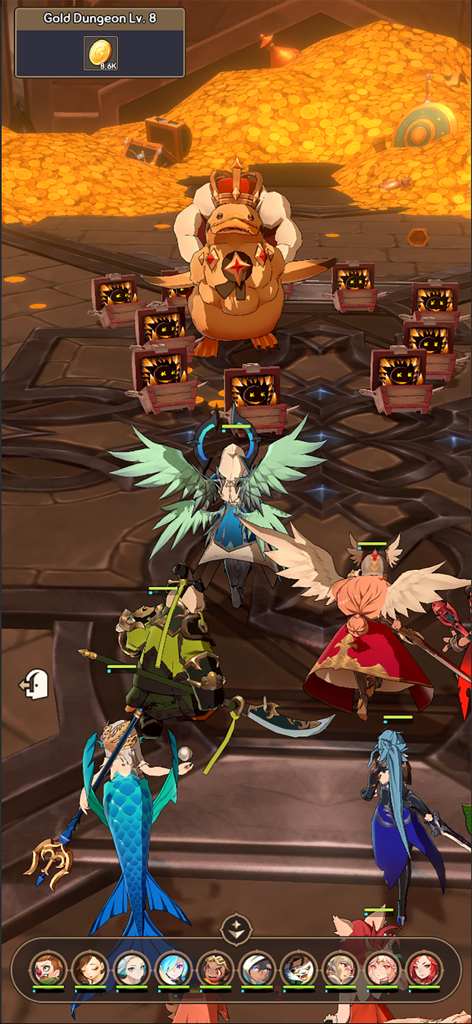 Summoners War: Rush - Gameplay screenshot of Summoners War Rush showing a team of monsters battling a giant boss in the Gold Dungeon.