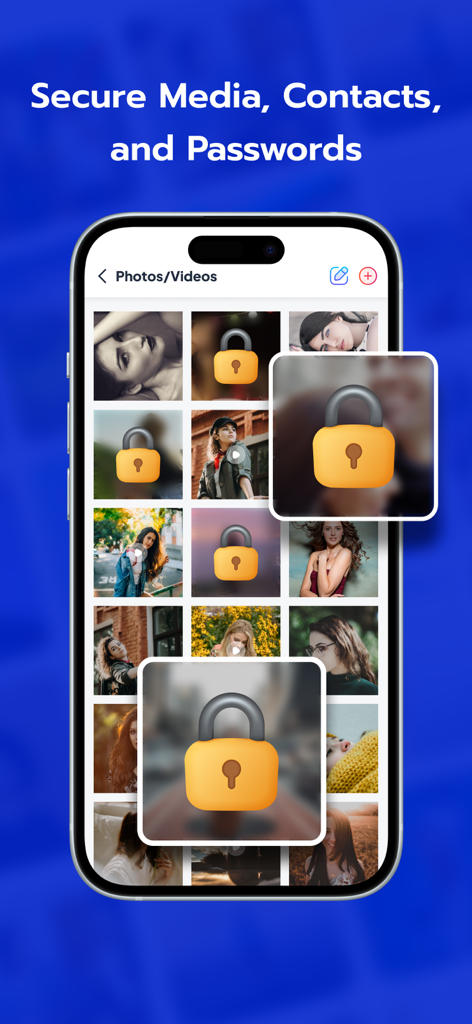 Pantalla de iPhone que muestra una cuadrícula de fotos y videos con iconos de candado indicando almacenamiento seguro en la aplicación SafeCalc.