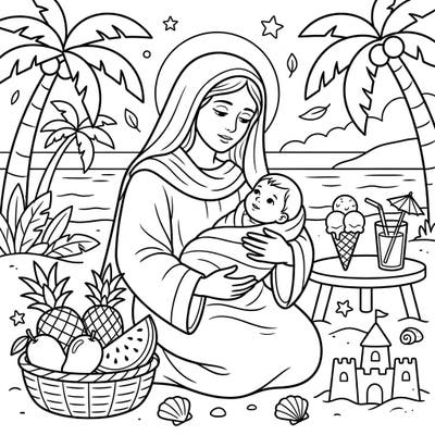 Discover a heartwarming scene of the Madonna and Child enjoying a serene summer day at the beach. This unique coloring page blends traditional faith with the joyful spirit of a tropical vacation, perfect for all ages.