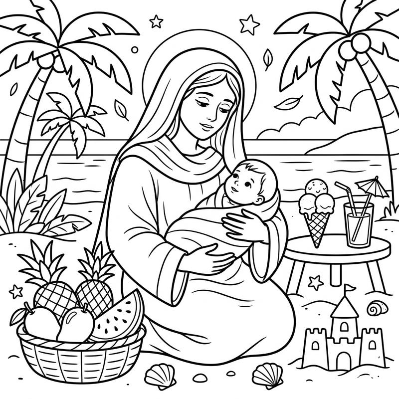 Discover a heartwarming scene of the Madonna and Child enjoying a serene summer day at the beach. This unique coloring page blends traditional faith with the joyful spirit of a tropical vacation, perfect for all ages.