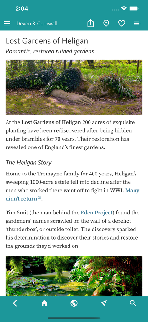 데본 및 콘월 여행 가이드 앱의 헬리건 정원 페이지 스크린샷