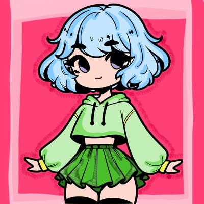 cute femboy with short, fluffy hair that softly frames their face, wearing a cropped hoodie, paired with a flouncy short skirt, and thigh-high stockings