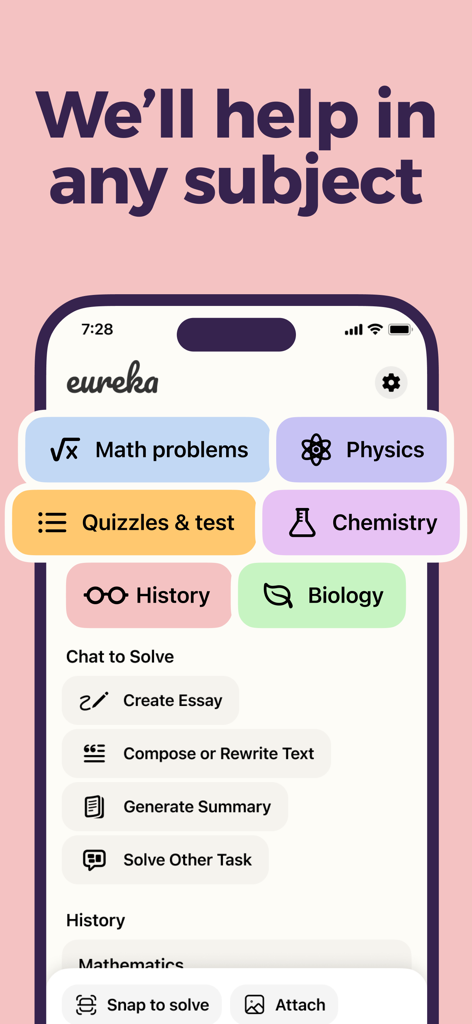 Eureka: Fast Math Solver - Eureka app interface showing academic subjects like Math, Physics, and Chemistry for student support.
