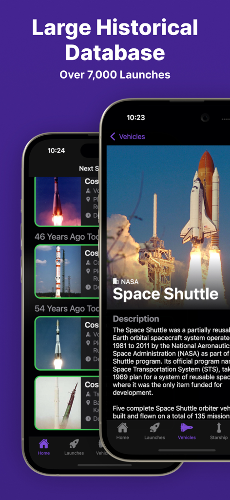 Interface of the Next Spaceflight app showcasing a historical database of over seven thousand rocket launches including the Space Shuttle.